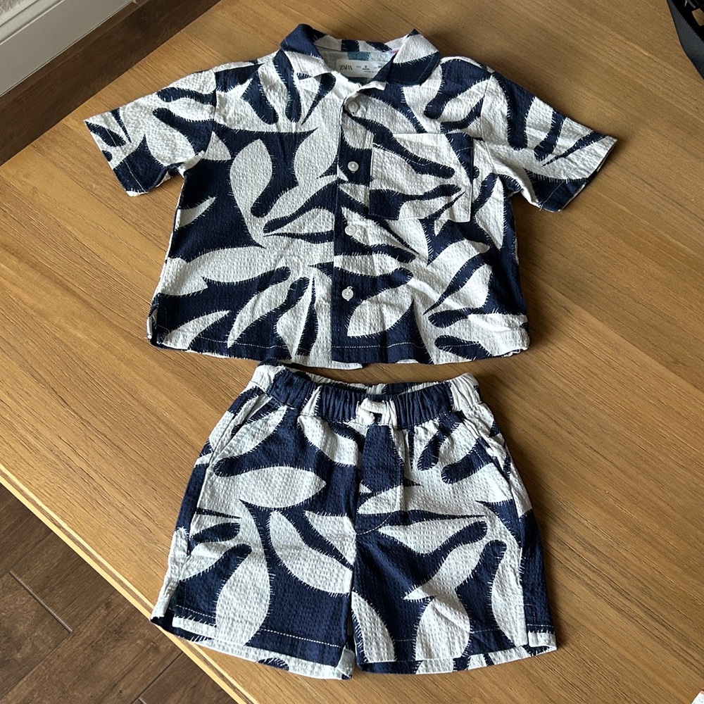 Zara Navy and White Leaf Print Set
